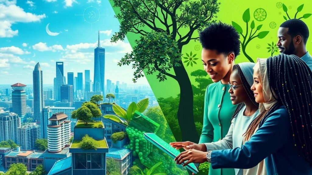 alt_text: A vibrant city skyline blends eco-friendly tech, greenery, and diverse people innovating together. Green AI