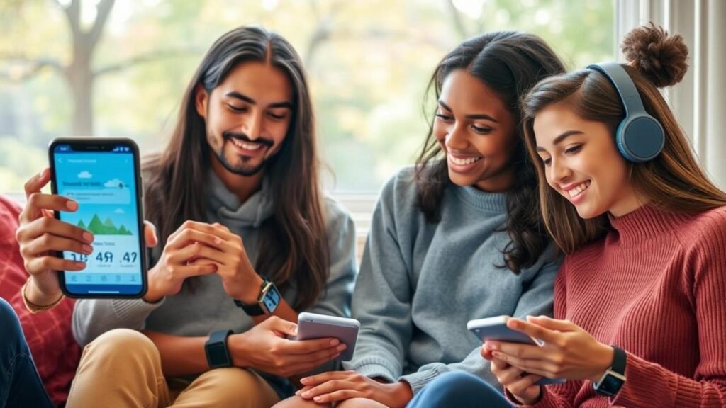 alt_text: AI Therapy - A diverse group of young adults engages with tech in a calming space, highlighting AI in mental health.