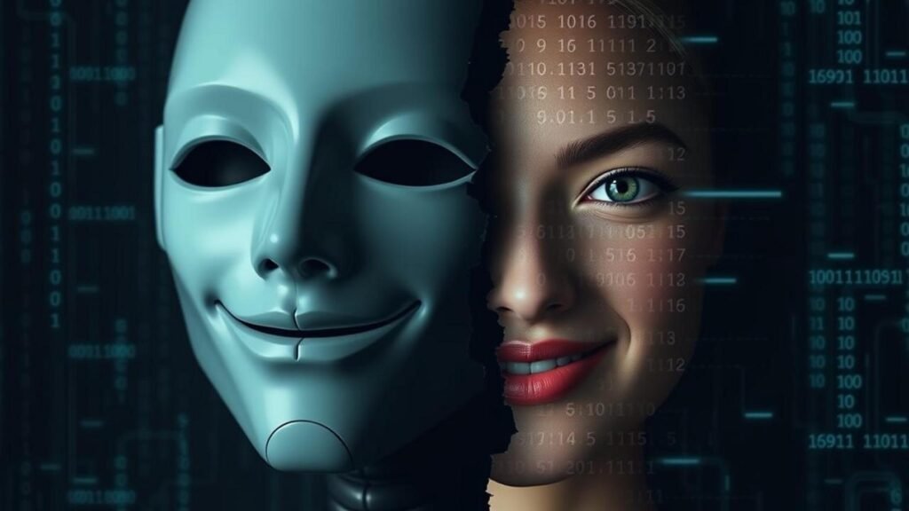 alt_text: A split scene shows a friendly AI avatar risks contrasting with dark elements of data breaches and shadows.