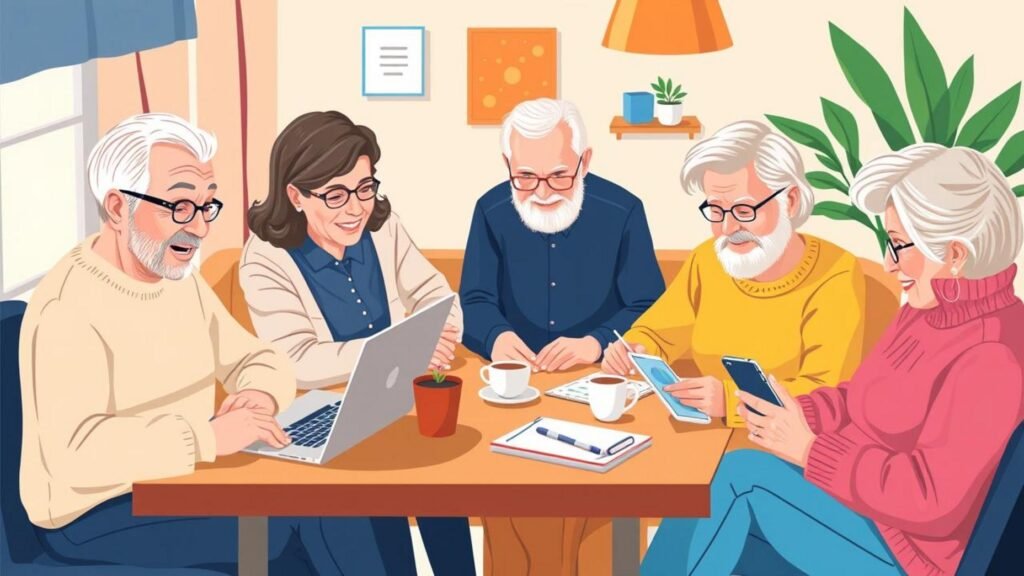 alt_text: A diverse group of freelancers over 50 thrive in a cozy, modern workspace, embracing Digital Upskilling Top 5 AI Tools.