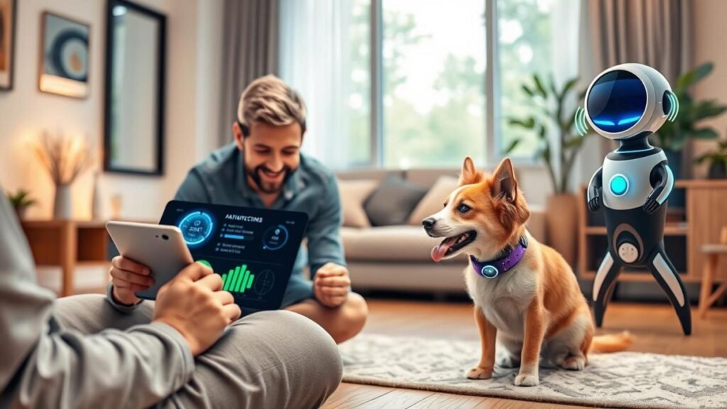 alt_text: A pet owner uses AI Pet Translator to monitor a dog's health, enhancing their bond in a modern home.